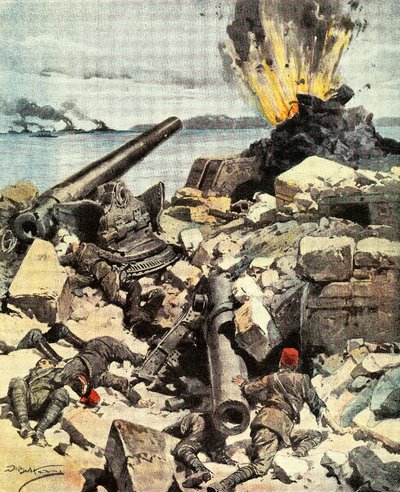 Batalla de los Dardanelos, la flota anglo-francesa destruye los fuertes de los Dardanelos para llegar a Constantinopla de Achille Beltrame