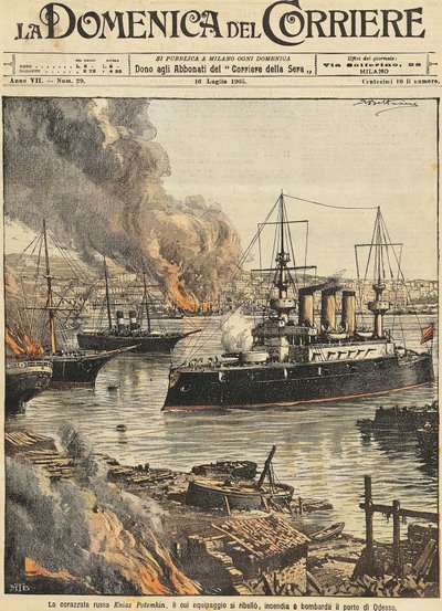 Acorazado Potemkin bombardeando Odessa, ilustración de Achille Beltrame de Achille Beltrame