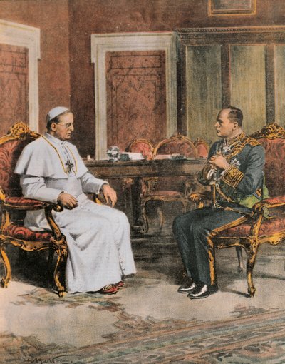 Benito Mussolini en reunión con el Papa Pío XI el 11 de febrero de Achille Beltrame