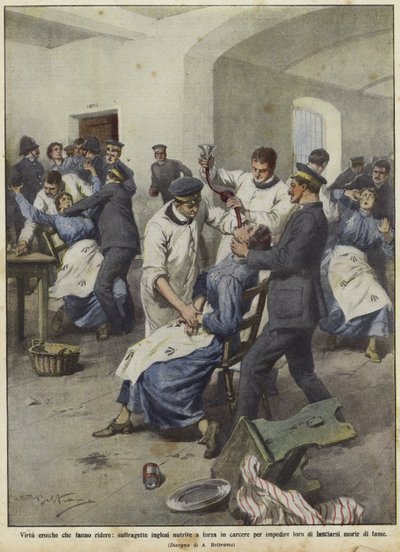Sufragistas Británicas siendo Alimentadas a la Fuerza en Prisiones de Achille Beltrame