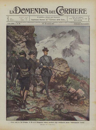 Cacerías reales en el Valle de Aosta, el Rey y el Kronprinz alemán matan íbices cerca de Valsavarenche (Aosta) de Achille Beltrame