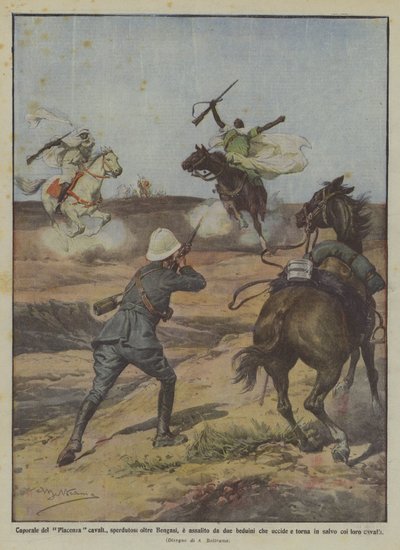 Caporal de Piacenza caballos, perdido más allá de Bengasi, atacado por dos beduinos que mata de Achille Beltrame