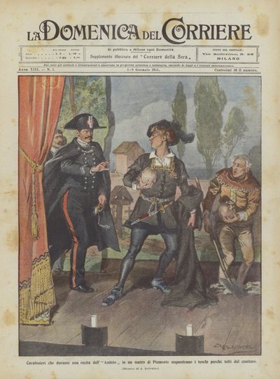 Carabineros que durante una representación de Hamlet en un teatro de Piamonte confiscan los cráneos de Achille Beltrame