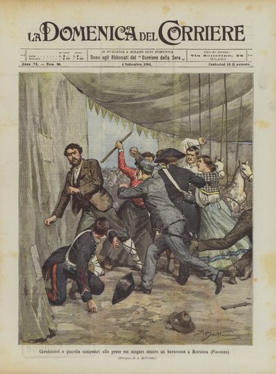 Carabineros y guardias rurales enfrentándose a los gitanos dentro de una barraca en Mortizza (Piacenza) de Achille Beltrame