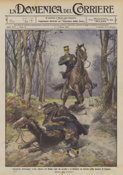 Cabalgata desafortunada, el Rey Alberto de Bélgica cae de su caballo y se fractura un brazo en el bosque de Soignes de Achille Beltrame