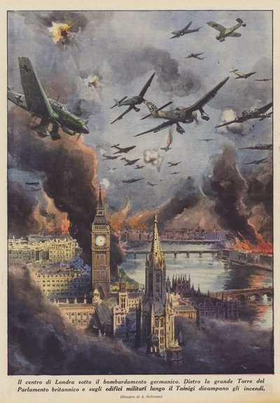 El centro de Londres bajo el bombardeo germánico (Litografía en color) de Achille Beltrame