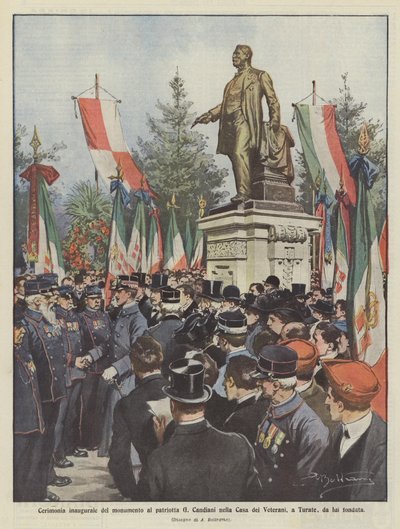 Ceremonia inaugural del monumento al patriota G. Candiani en la Casa de los Veteranos, en Turate, fundada por él de Achille Beltrame