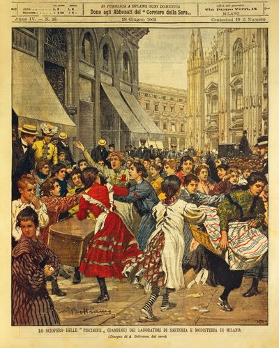 Huelga infantil conocida como Piscinine en talleres de confección y sombrerería en Milán, por Achille Beltrame, ilustración, de La Domenica del Corriere, 29 de junio de 1902 de Achille Beltrame
