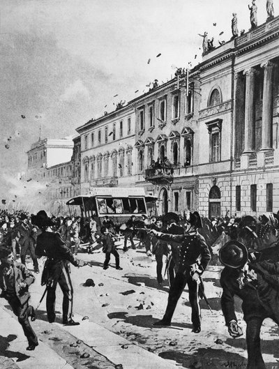 Enfrentamiento entre manifestantes y policía en Milán, Corso Venezia, frente al Palazzo Saporiti, 7 de mayo de Achille Beltrame