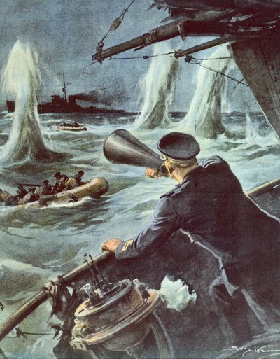 Choque entre un pequeño torpedero y un crucero británico en el Canal de Sicilia, 20 de octubre de Achille Beltrame