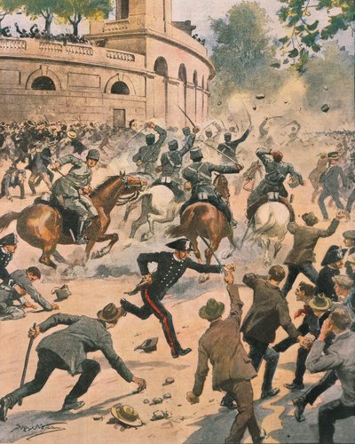 Enfrentamientos frente a la Arena durante la huelga general en Milán, ilustración por Achille Beltrame de La Domenica del Corriere, junio de 1914 de Achille Beltrame