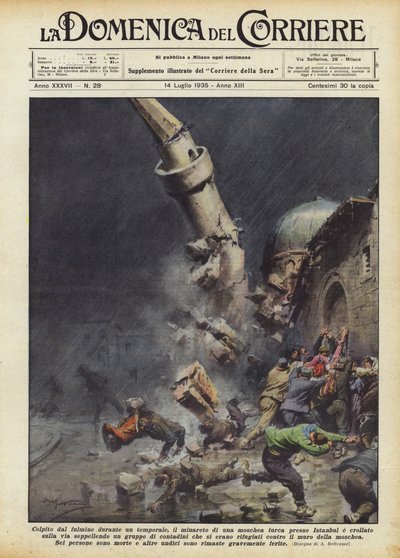 Golpeado por un rayo durante una tormenta, el minarete de una mezquita turca cerca de Estambul de Achille Beltrame