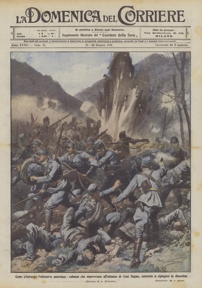 Cómo se rompe la ofensiva austriaca, columnas que se movían al ataque de Coni Zugna de Achille Beltrame