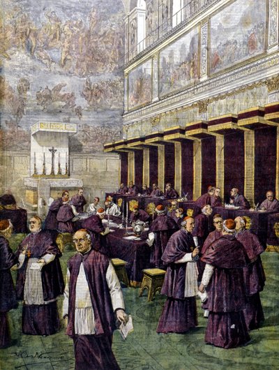 Cónclave en la Capilla Sixtina para la elección del nuevo Papa. Ilustración de Beltrame. La Domenica del Corriere. 1903 de Achille Beltrame