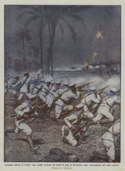 Conquista italiana de Trípoli, vano asalto nocturno de los turcos a los pozos de Bu-Meliana defendidos de Achille Beltrame