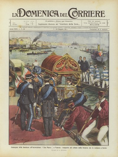Entrega de la bandera al crucero San Marco en Venecia, transporte del cofre en la bissona de Achille Beltrame