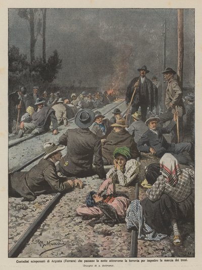 Campesinos huelguistas de Argenta (Ferrara) que pasan la noche en la vía férrea de Achille Beltrame