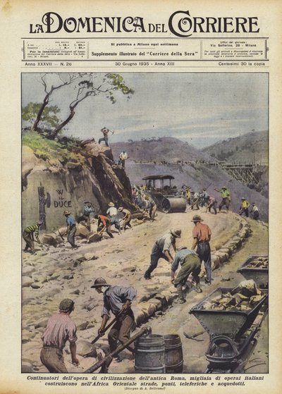 Continuadores de la obra de civilización de la antigua Roma, miles de obreros italianos de Achille Beltrame