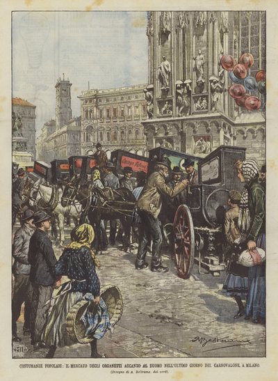 Costumbres populares, el mercado de organillos junto al Duomo en el último día del Carnovalone, en Milán de Achille Beltrame