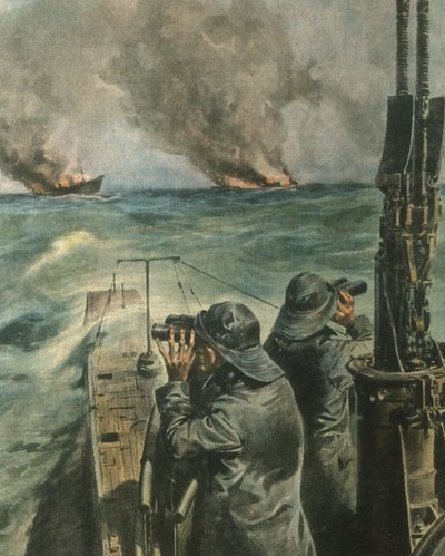 Ilustración de portada de los barcos de vapor angloamericanos torpedeados frente a la costa de África Occidental durante la Segunda Guerra Mundial de Achille Beltrame