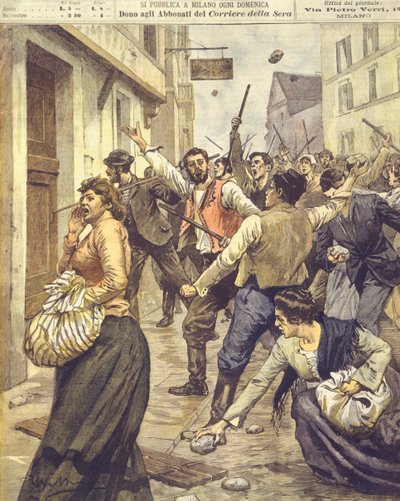Ilustración de portada de los levantamientos antisemitas en Moravia de Achille Beltrame