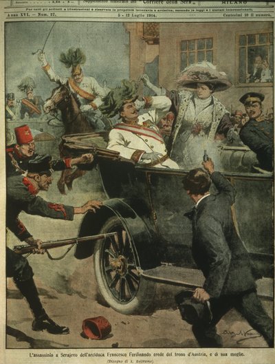 Ilustración de portada del asesinato del archiduque Francisco Fernando de Austria, heredero del trono austrohúngaro, Sarajevo de Achille Beltrame
