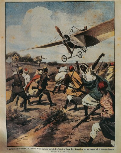 Ilustración de portada del Capitán Moizo intentando un aterrizaje forzoso durante la Campaña Africana, por Achille Beltrame, de La Domenica del Corriere, 22 de septiembre de 1912 de Achille Beltrame
