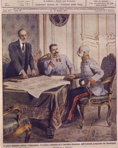 Ilustración de la portada del Emperador de Austria discutiendo la posible ocupación de Montenegro de Achille Beltrame