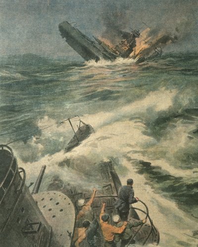Ilustración de portada del acorazado americano clase Maryland hundido por el submarino italiano Barbarigo en el Océano Atlántico, durante la Segunda Guerra Mundial de Achille Beltrame