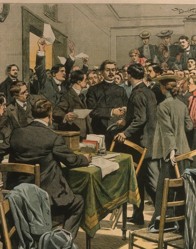 Ilustración de portada de la llegada de Maxim Gorky a la reunión de revolucionarios rusos; Londres, Inglaterra de Achille Beltrame