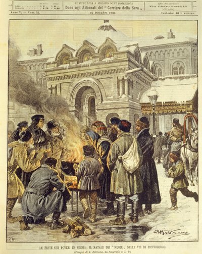 Ilustración de portada de Mujiks celebrando la Navidad en las calles de San Petersburgo, Rusia de Achille Beltrame