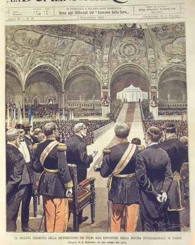 Ilustración de portada de la ceremonia solemne de presentación de premios en la Exposición Universal de 1900 en París, Francia de Achille Beltrame