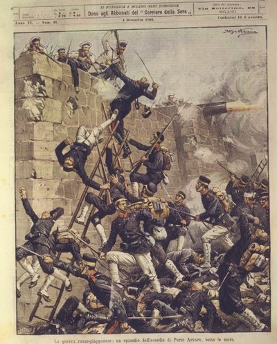 Ilustración de portada del asedio de Port Arthur en China durante la Guerra Ruso-Japonesa de 1904-1905 de Achille Beltrame