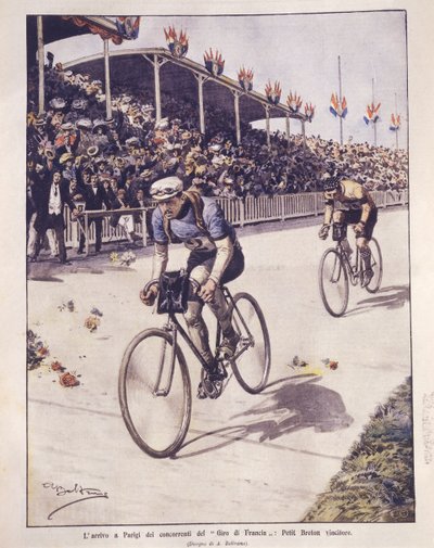 Ilustración de portada de la llegada de los ciclistas del Tour de Francia, con Petit-Breton ganador; París, Francia de Achille Beltrame