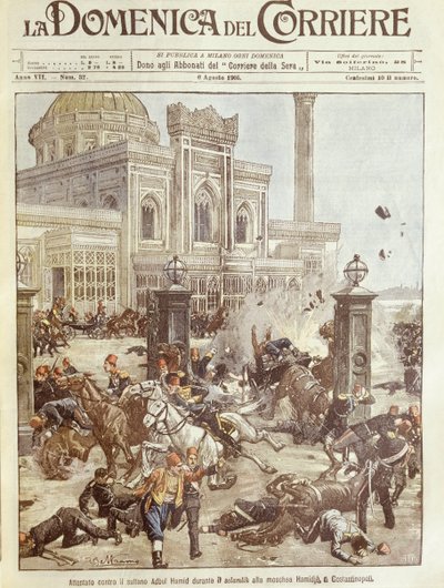 Ilustración de portada del intento de asesinato contra el Sultán Abdul Hamid en Constantinopla de Achille Beltrame