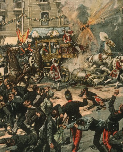 Ilustración de portada del intento de asesinato del Rey Alfonso XIII el día de su boda, 31 de mayo de 1906, Madrid, España de Achille Beltrame