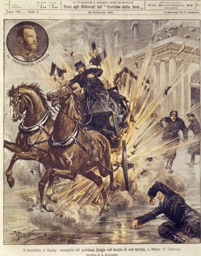 Ilustración de portada del asesinato del Gran Duque Sergei Alexandrovich Romanov por una bomba terrorista en Moscú, Rusia de Achille Beltrame