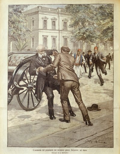 Ilustración de portada del asesinato del Primer Ministro griego Delyannis; Atenas, Grecia de Achille Beltrame