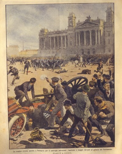 Ilustración de portada de los enfrentamientos en la Plaza del Parlamento durante la rebelión de Budapest de Achille Beltrame