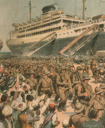 Ilustración de portada del desembarco de tropas italianas en África Oriental de Achille Beltrame