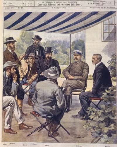 Ilustración de portada de las negociaciones para el tratado de paz durante las Guerras Anglo-Zulú y Anglo-Bóer de 1850-1902 de Achille Beltrame