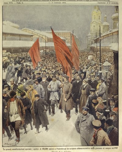 Ilustración de portada de cien mil trabajadores marchando para conmemorar el Domingo Sangriento de 1905; San Petersburgo, Rusia de Achille Beltrame