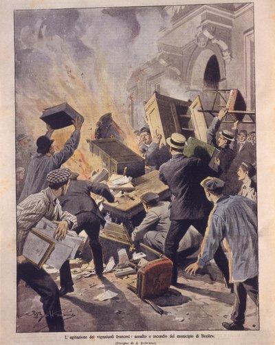 Ilustración de portada de los viticultores incendiando el Ayuntamiento de Beziers durante los levantamientos en Francia de Achille Beltrame