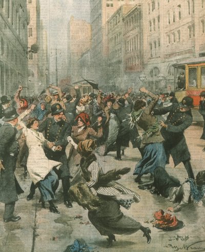 Ilustración de portada de mujeres protestando contra el desempleo en la calle; Nueva York, EE.UU. de Achille Beltrame