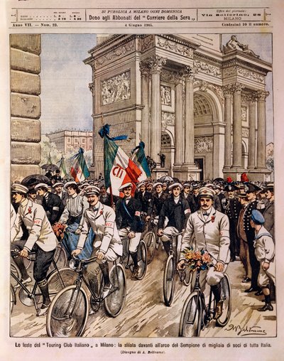 Desfile de ciclistas por el Arco de la Paz, celebración del Touring Club Italiano en Milán, Italia, ilustración por Achille Beltrame de La Domenica del Corriere, 4 de junio de Achille Beltrame