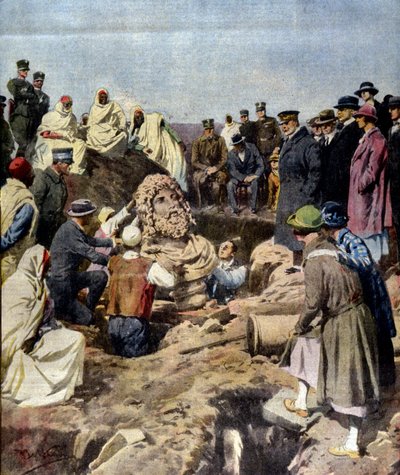 Descubrimiento de un busto de Júpiter en Sabratha en Libia en 1925. Ilustración de Achille Beltrame de Achille Beltrame