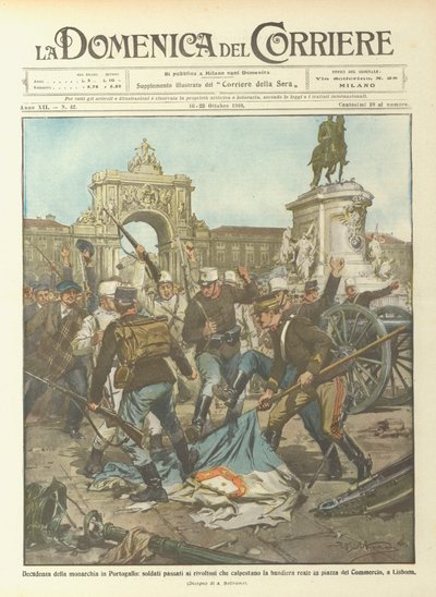 Decadencia de la monarquía en Portugal, soldados pasados a los revoltosos que pisotean la bandera de Achille Beltrame