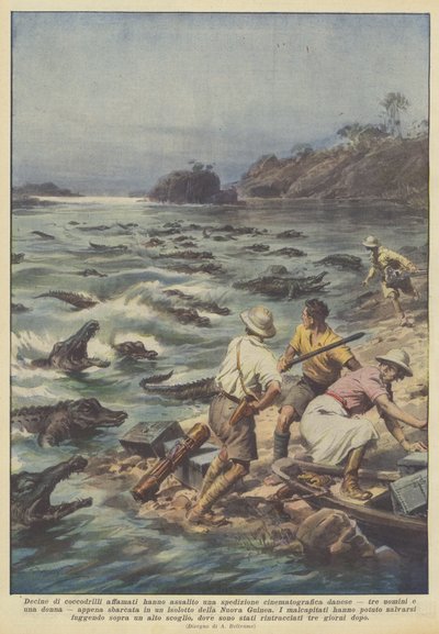 Decenas de cocodrilos hambrientos atacaron una expedición cinematográfica danesa de Achille Beltrame