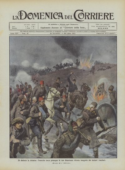 De derrota en derrota, el ejército turco continúa su desastrosa retirada perseguido por los búlgaros vencedores de Achille Beltrame