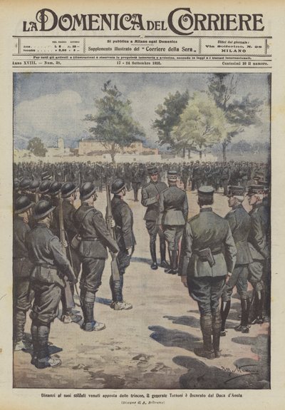 Frente a sus soldados venidos especialmente de las trincheras, el general Tettoni es condecorado por el Duque de Aosta de Achille Beltrame